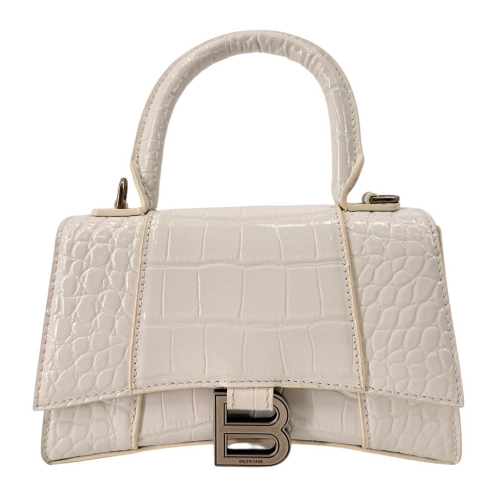 Balenciaga Hourglass Croc Embossed Leather Top Handle Bag White Women's One Size